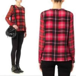 Equipment Femme  Liam Silk Plaid Top Black Red L